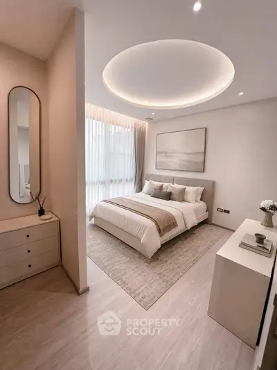 Elegant bedroom with modern decor and soft lighting, featuring a cozy bed and stylish furnishings.