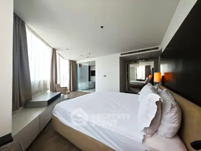 Spacious modern bedroom with large windows and elegant decor