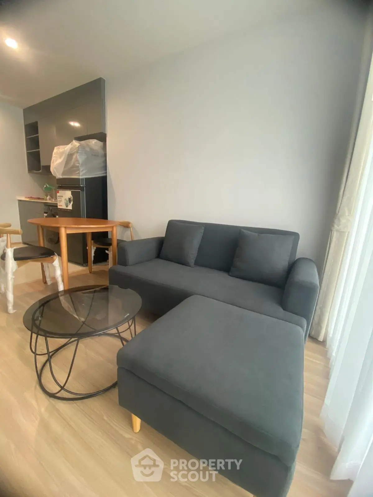 Modern living room with sleek gray sofa and stylish glass coffee table