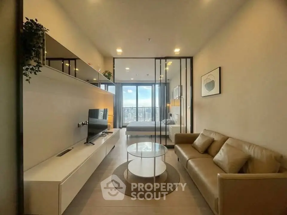 Modern living room with sleek design and city view