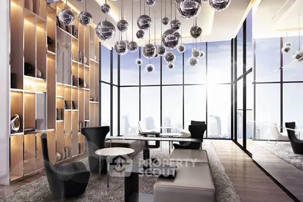 Luxurious modern living room with floor-to-ceiling windows and city skyline view.