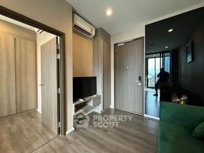 Modern apartment interior with sleek wooden flooring and stylish decor