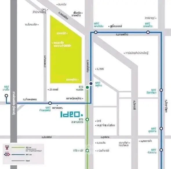 Map showing real estate location near MRT and BTS stations in a vibrant urban area.