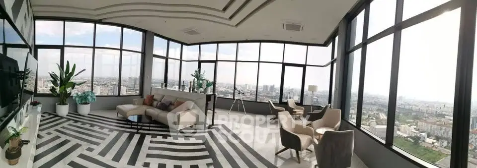 Luxurious penthouse living room with panoramic city views and modern decor