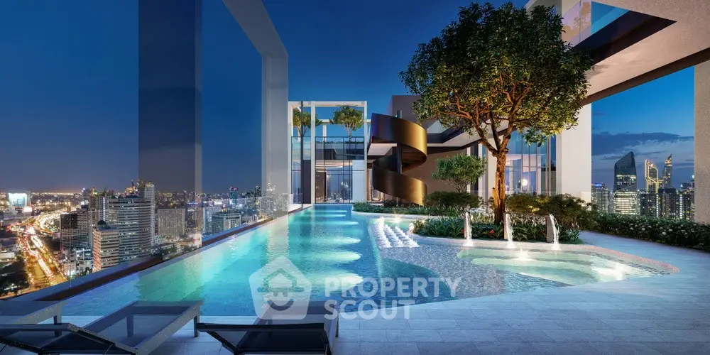 Luxurious rooftop pool with stunning city skyline view at night.