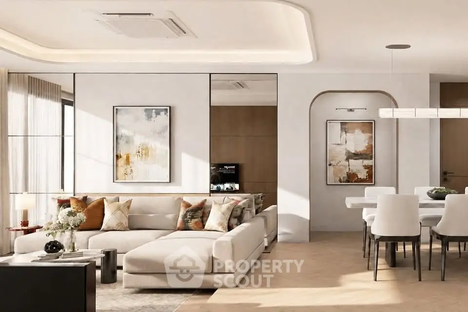 Luxurious modern living room with elegant decor and spacious dining area, perfect for sophisticated urban living.
