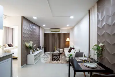 Modern living room with stylish decor and open layout, featuring elegant dining area and cozy seating.