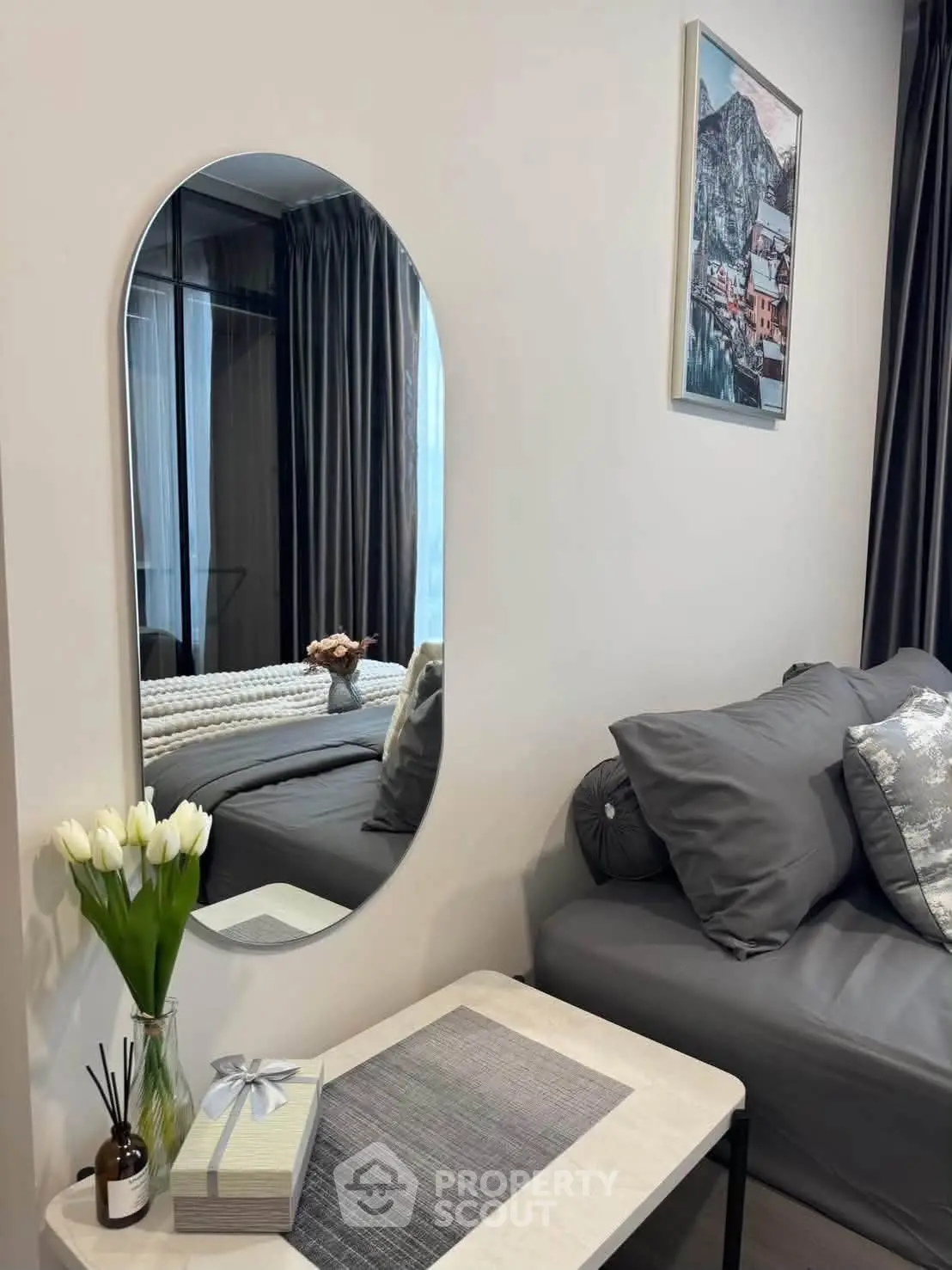 Stylish modern living room with elegant decor and cozy seating area, perfect for relaxation.