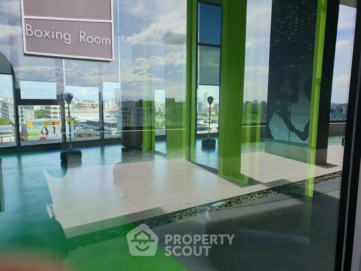 Modern boxing room with city view and green accents