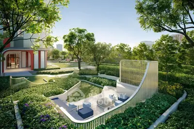 Luxurious garden view with modern landscape design in urban residential complex.