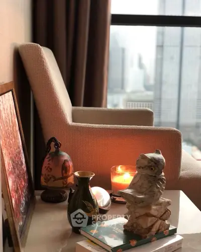 Cozy living room corner with elegant decor and city view