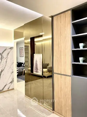 Modern living room with stylish decor and elegant shelving