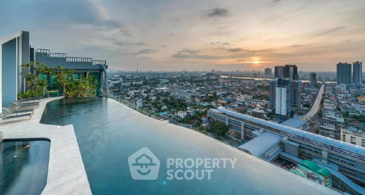 Stunning rooftop infinity pool with panoramic city skyline view at sunset.