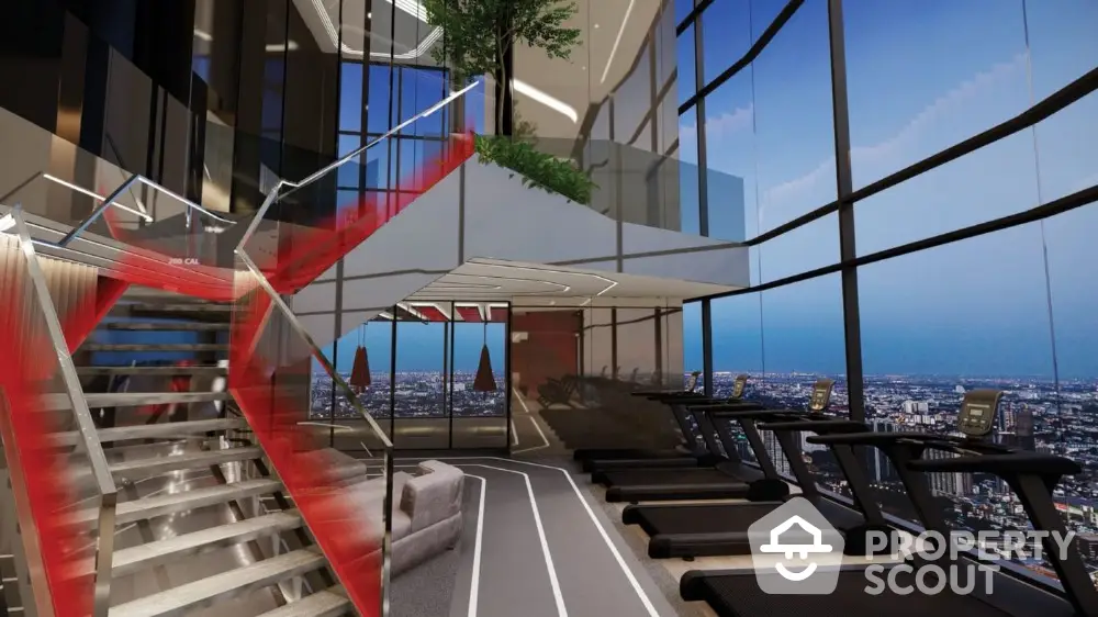 Luxurious high-rise gym with panoramic city views and modern fitness equipment.