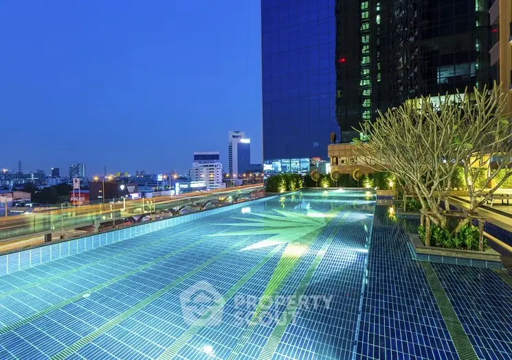 Luxurious rooftop pool with stunning cityscape view at twilight, perfect for relaxation and leisure.