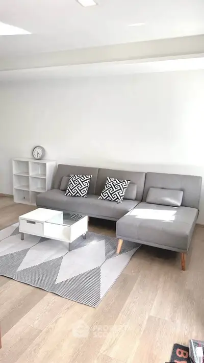 Modern living room with stylish gray sofa, geometric cushions, and sleek coffee table on wooden flooring.