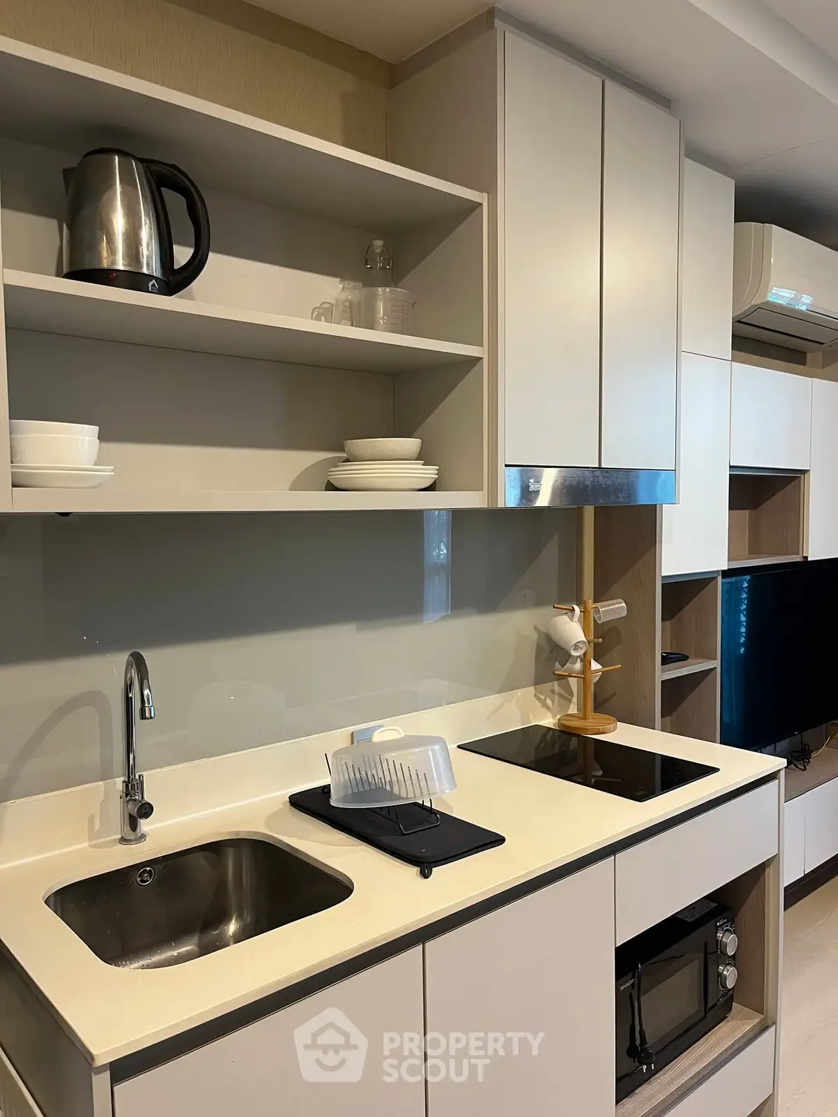 Modern kitchen with sleek white cabinetry and built-in appliances
