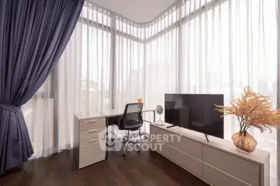 Modern study room with floor-to-ceiling windows and elegant decor