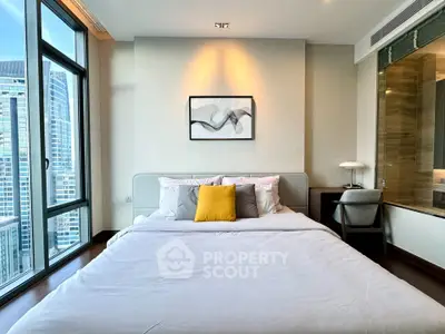 Luxurious bedroom with city view, modern decor, and large windows in high-rise apartment.