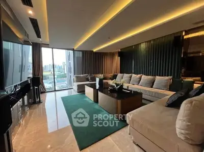 Luxurious modern living room with city view and elegant decor