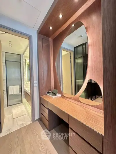 Luxurious modern bathroom with unique wooden vanity and stylish mirror design