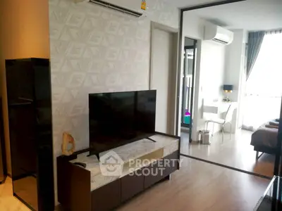 Modern living room with sleek TV stand and stylish decor