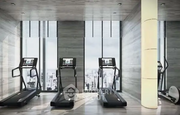 Modern gym with city view featuring treadmills and sleek design.