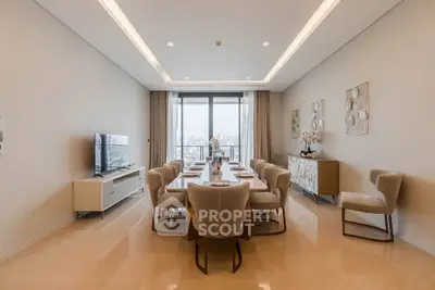 Luxurious dining room with elegant decor and city view, perfect for entertaining guests.