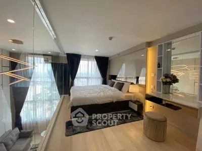 Luxurious modern bedroom with panoramic city view and elegant decor
