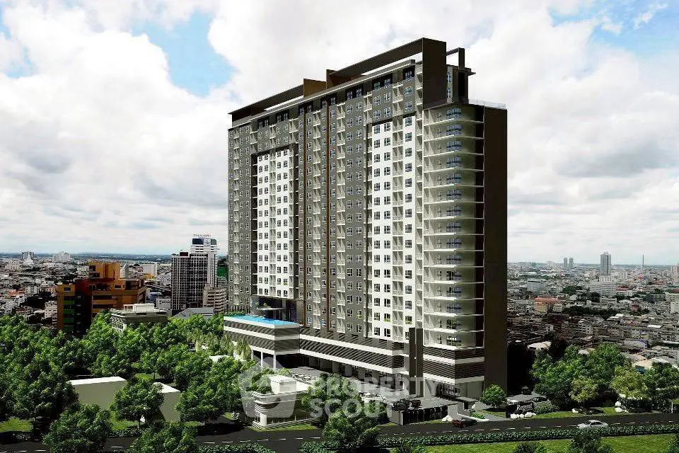 Modern high-rise building with panoramic city views and lush greenery.