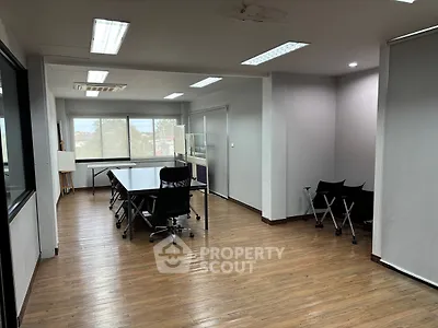 Spacious modern office space with wooden flooring and ample natural light