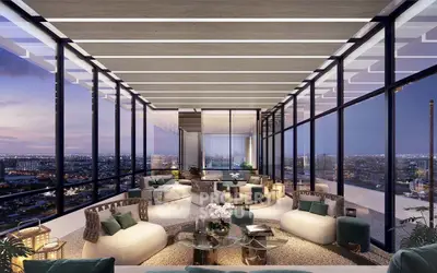 Luxurious modern living room with panoramic city views and elegant decor