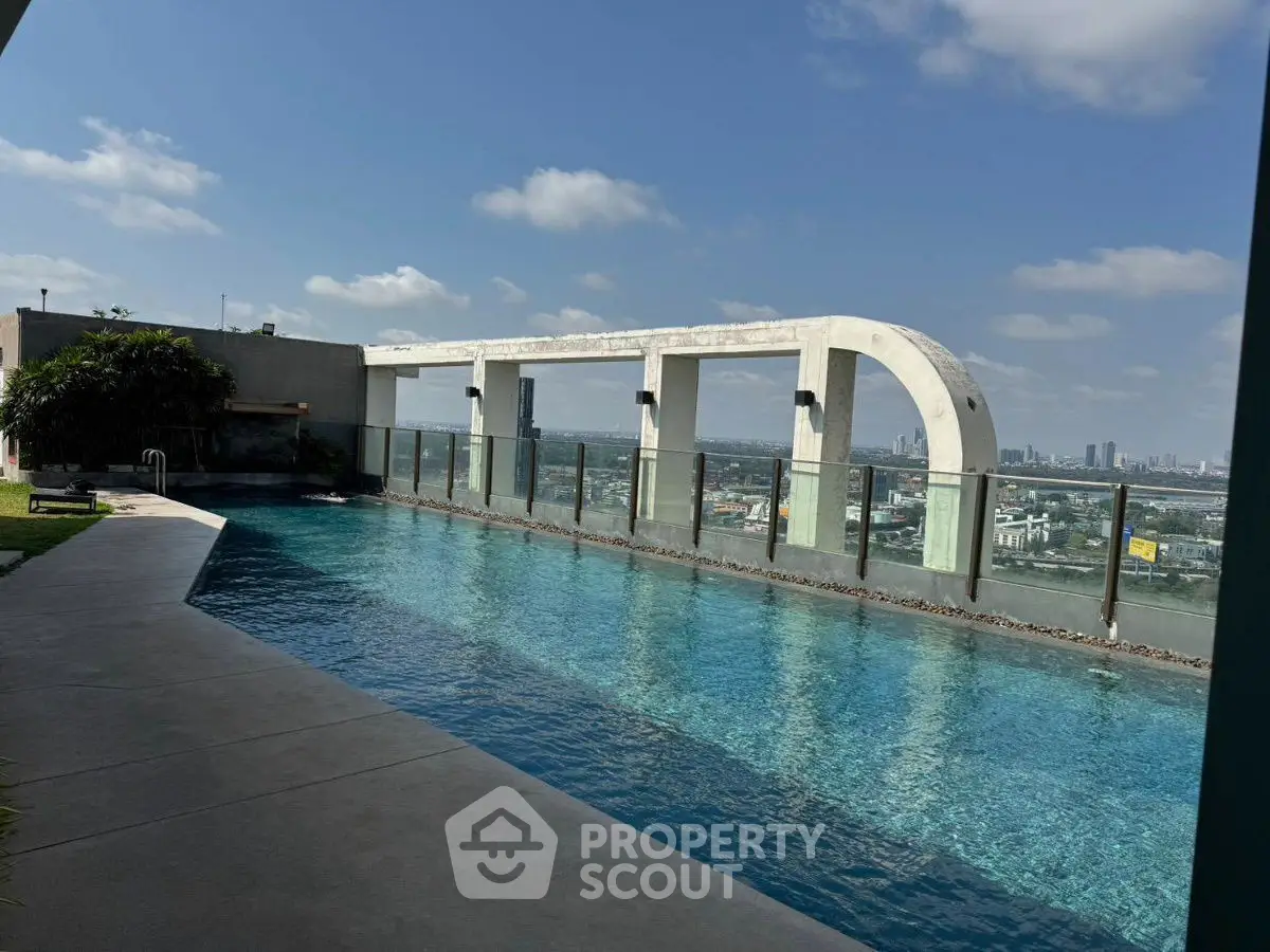 Stunning rooftop pool with panoramic city views under a clear blue sky.