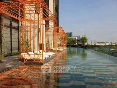 Luxurious rooftop pool with stylish cabanas and stunning city view