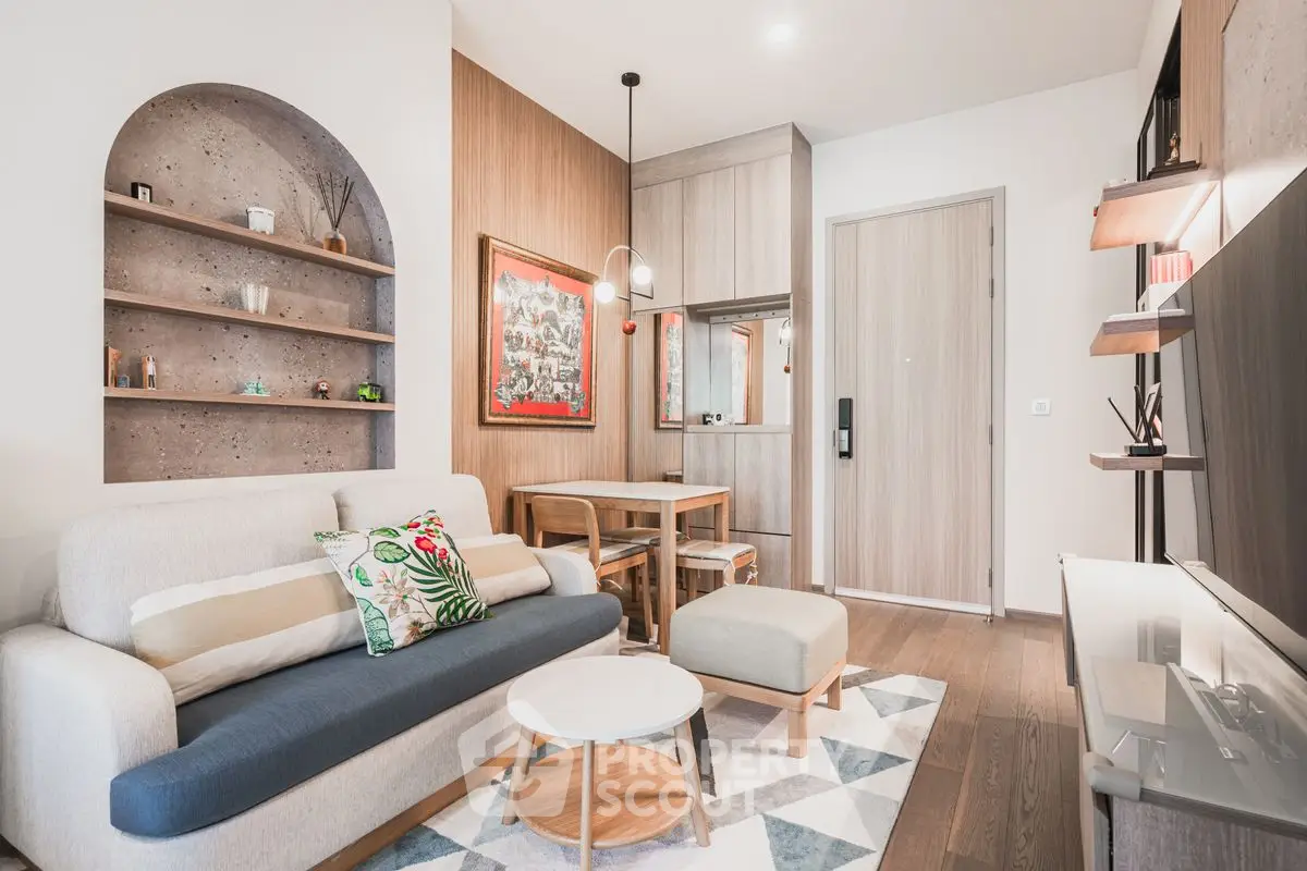 Chic modern living room with stylish decor and cozy seating area.
