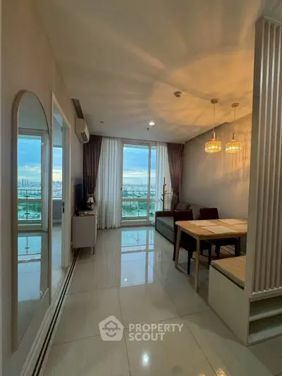 Modern living room with city view and elegant dining area