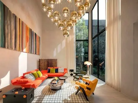 Luxurious modern living room with high ceilings and stylish decor