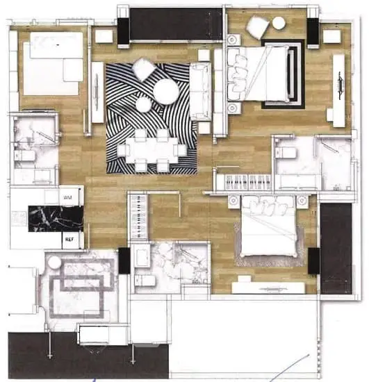 Modern apartment floor plan with three bedrooms and open living area.