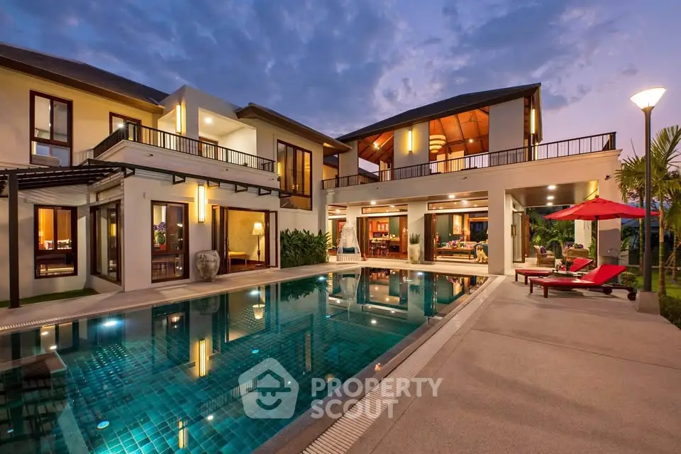 Luxurious villa with stunning pool and modern architecture at sunset, perfect for upscale living.