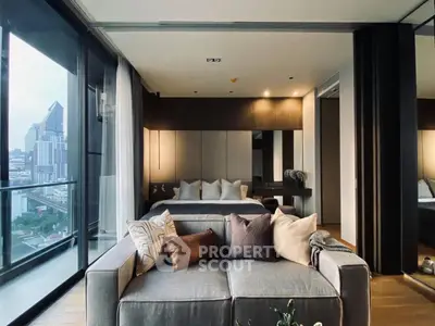 Luxurious modern living room with city view and elegant decor