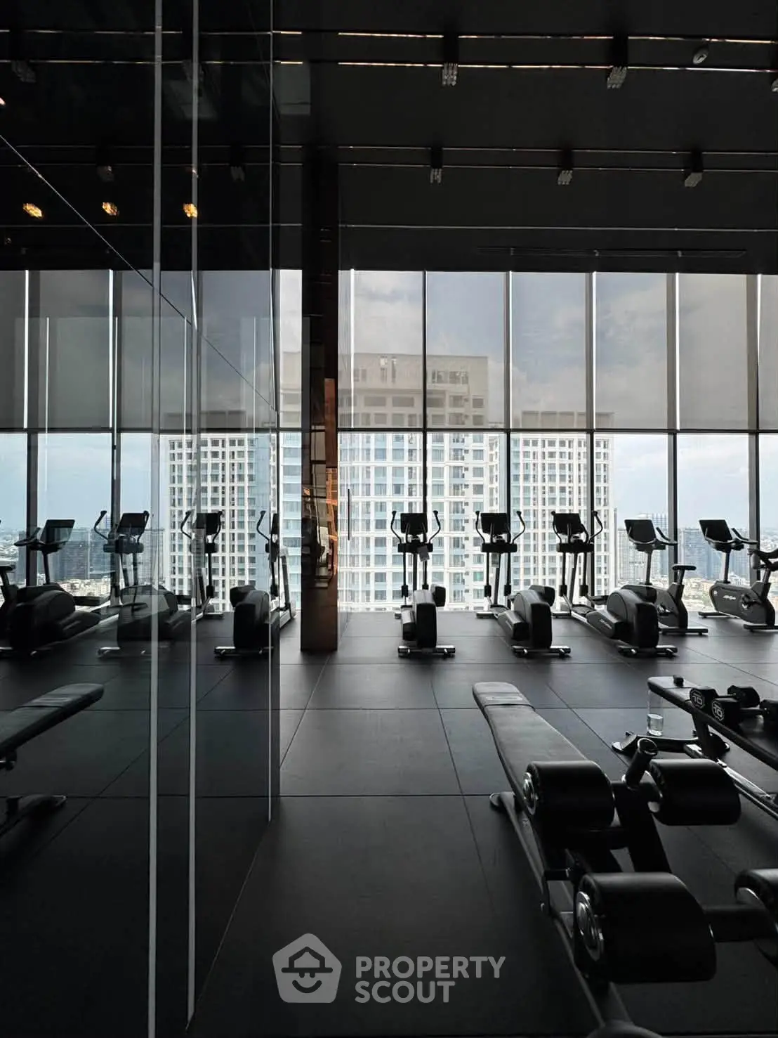 Luxurious high-rise gym with panoramic city views and modern fitness equipment.