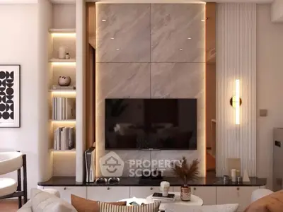 Luxurious modern living room with elegant marble TV wall and ambient lighting