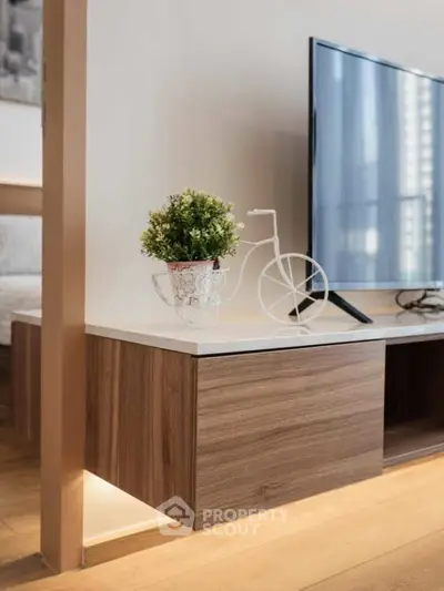 Modern living room with stylish TV stand and decorative plant