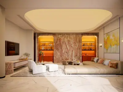 Luxurious modern living room with elegant decor and ambient lighting