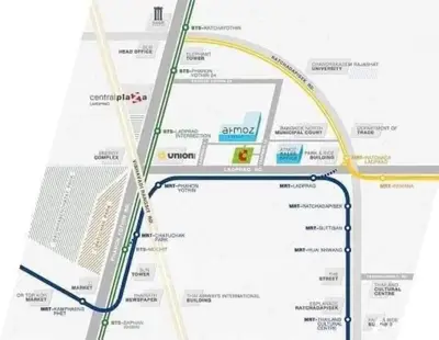 Map showing MRT and BTS lines near Central Plaza and Union Mall in Bangkok.