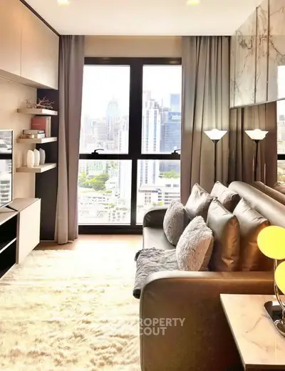 Luxurious living room with stunning city view, plush sofa, and elegant decor in modern high-rise apartment.