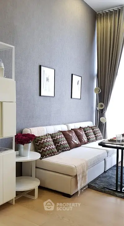 Stylish modern living room with high ceiling and elegant decor