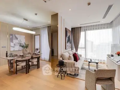 Luxurious modern living room with dining area and city view, featuring elegant decor and natural light.