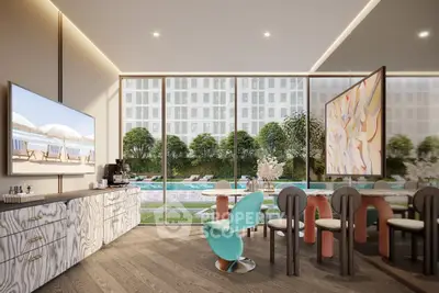 Luxurious modern interior with pool view and stylish decor
