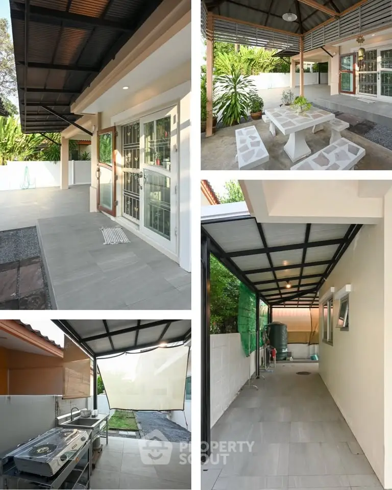 Spacious outdoor patio with modern design and lush greenery, perfect for relaxation and entertaining guests.